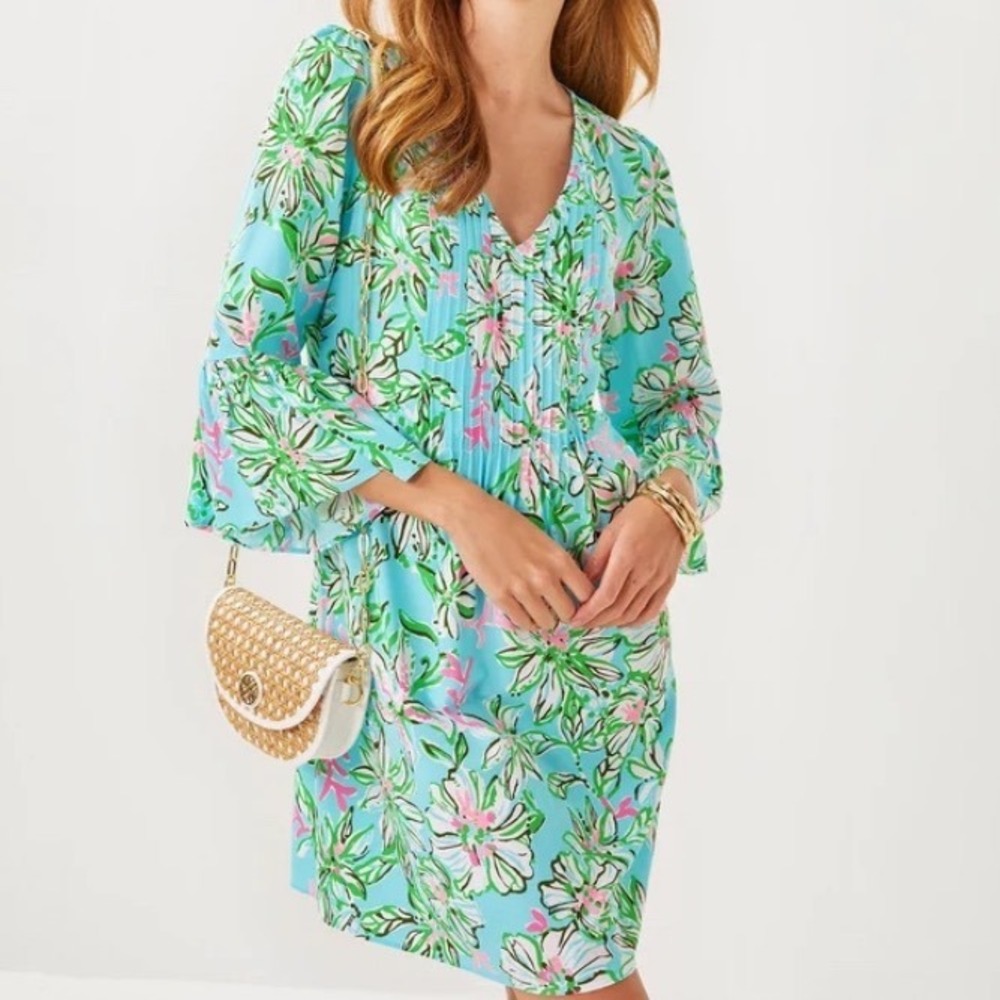 Lilly Pulitzer Women Sun Bun Danika Floral Pintuck Ruffle Sleeve Shift Dress